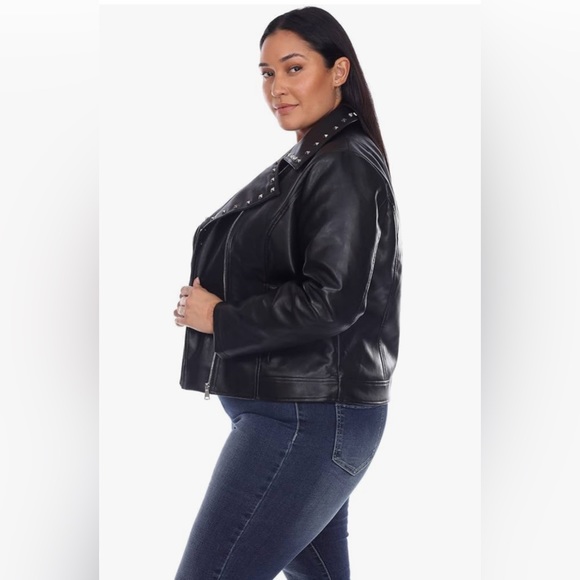 White Mark Black Faux Leather Studded Biker Waist Jacket Silver Accents … - Picture 3 of 16